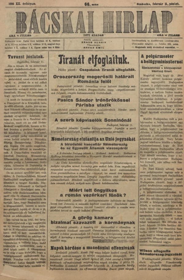 Bácskai Hirlap, 20. évf. 1916. február 11. 66. sz.