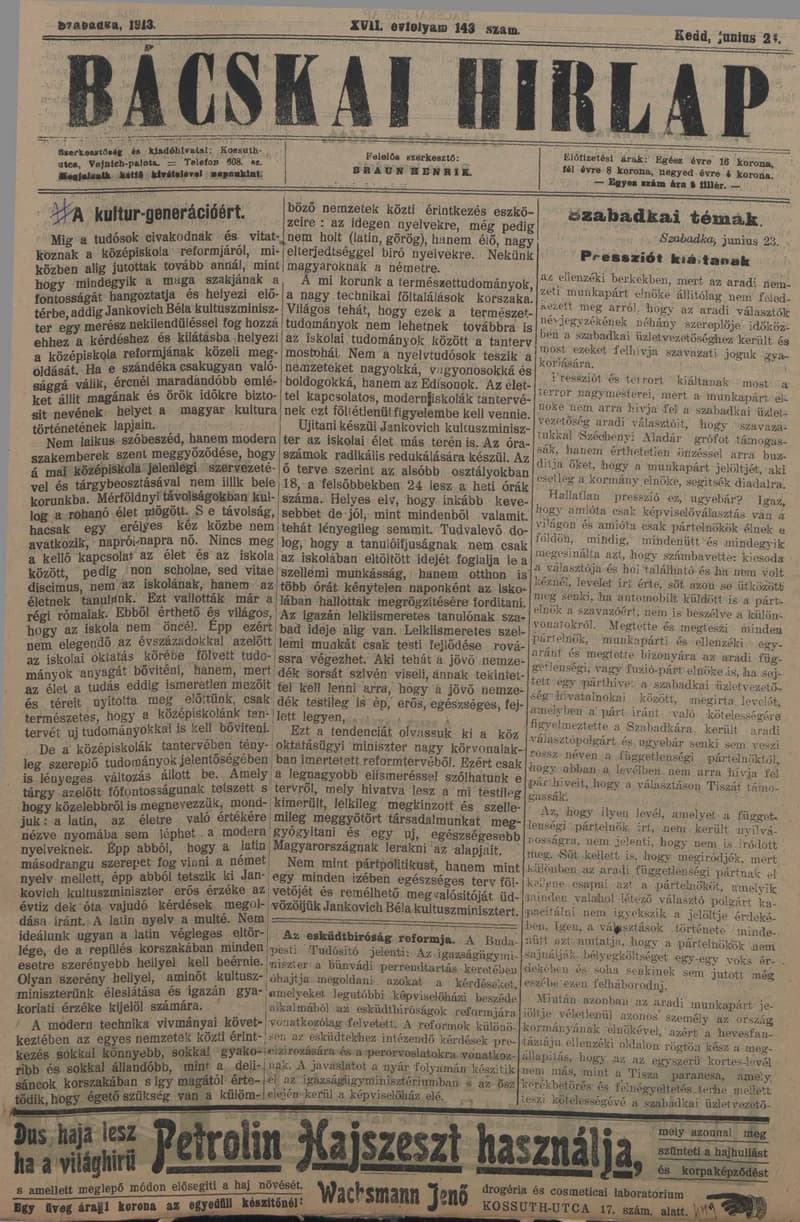 Bácskai Hirlap, 17. évf. 1913. június 24. 143. sz.