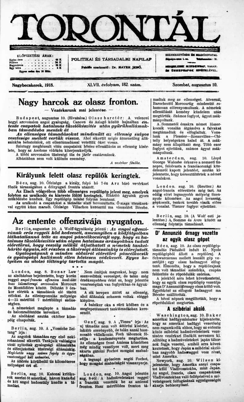 Torontál, 47. évf. 1918. augusztus 10. 182. sz.