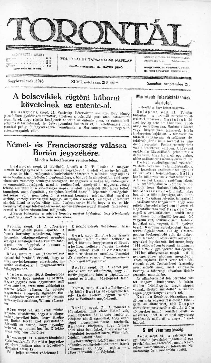 Torontál, 47. évf. 1918. szeptember 21. 216. sz.
