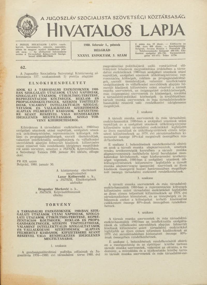 A Jugoszláv Szocialista Szövetségi Köztársaság Hivatalos Lapja, 36. évf. 1980. február 1. 5. sz. 149–188. oldal