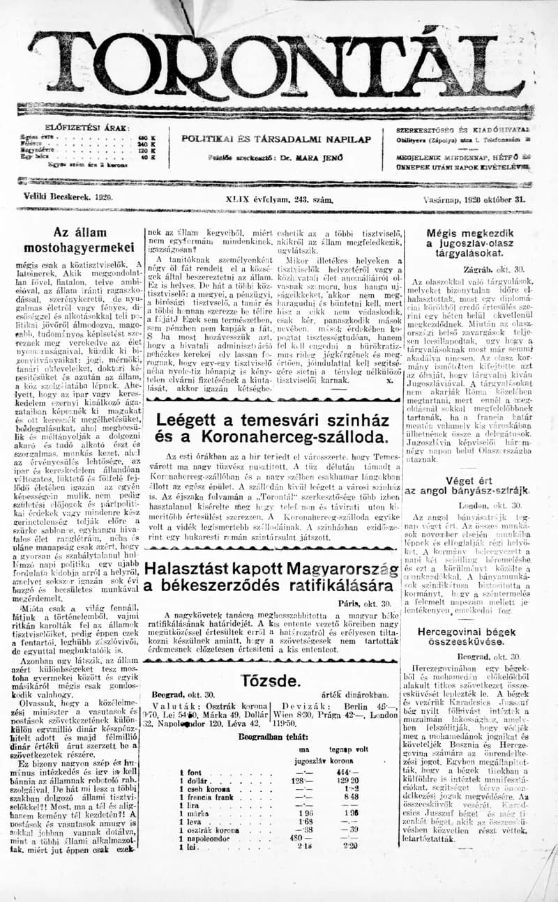Torontál, 49. évf. 1920. október 31. 243. sz.