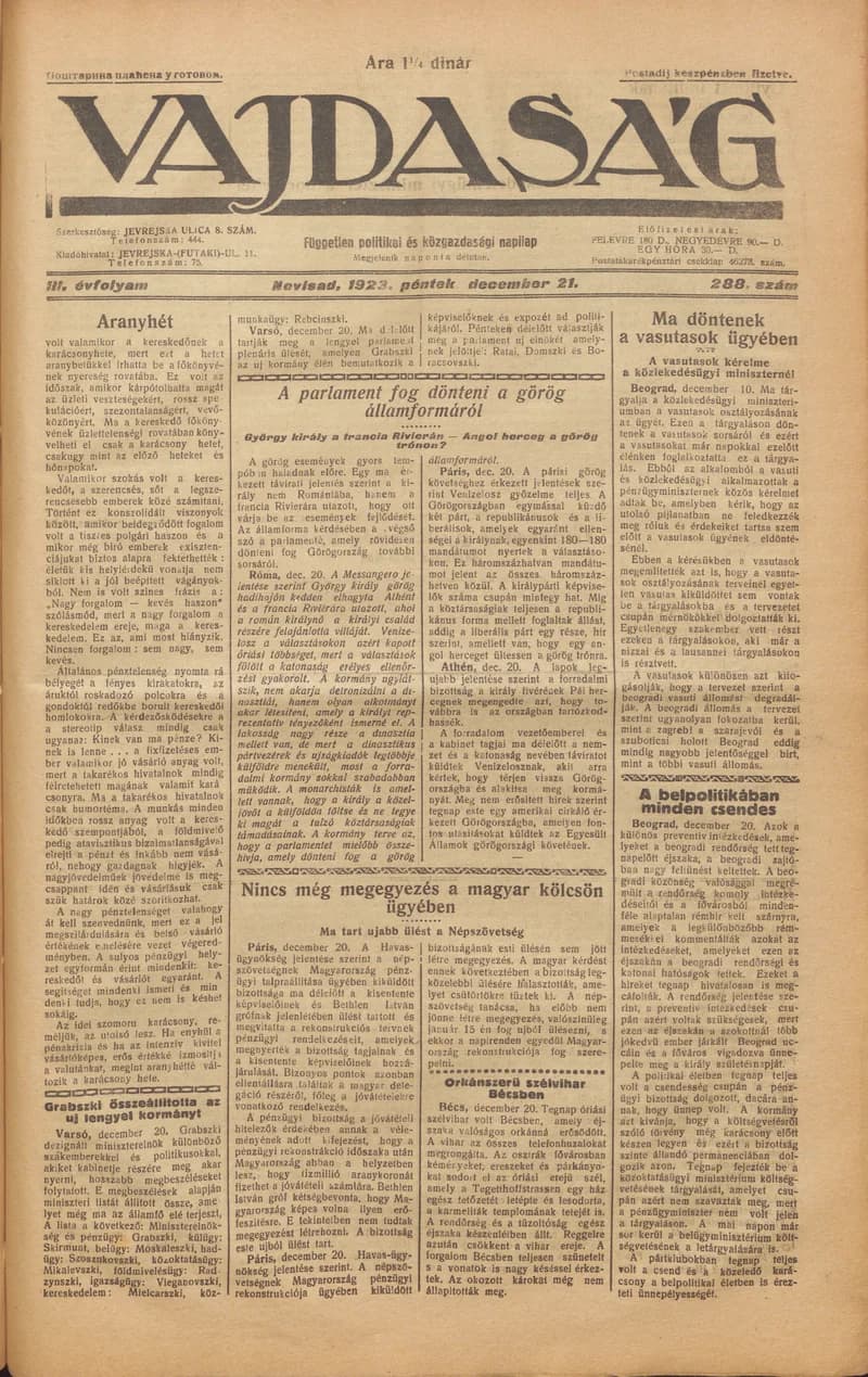 Vajdaság, 3. évf. 1923. december 21. 288. sz.