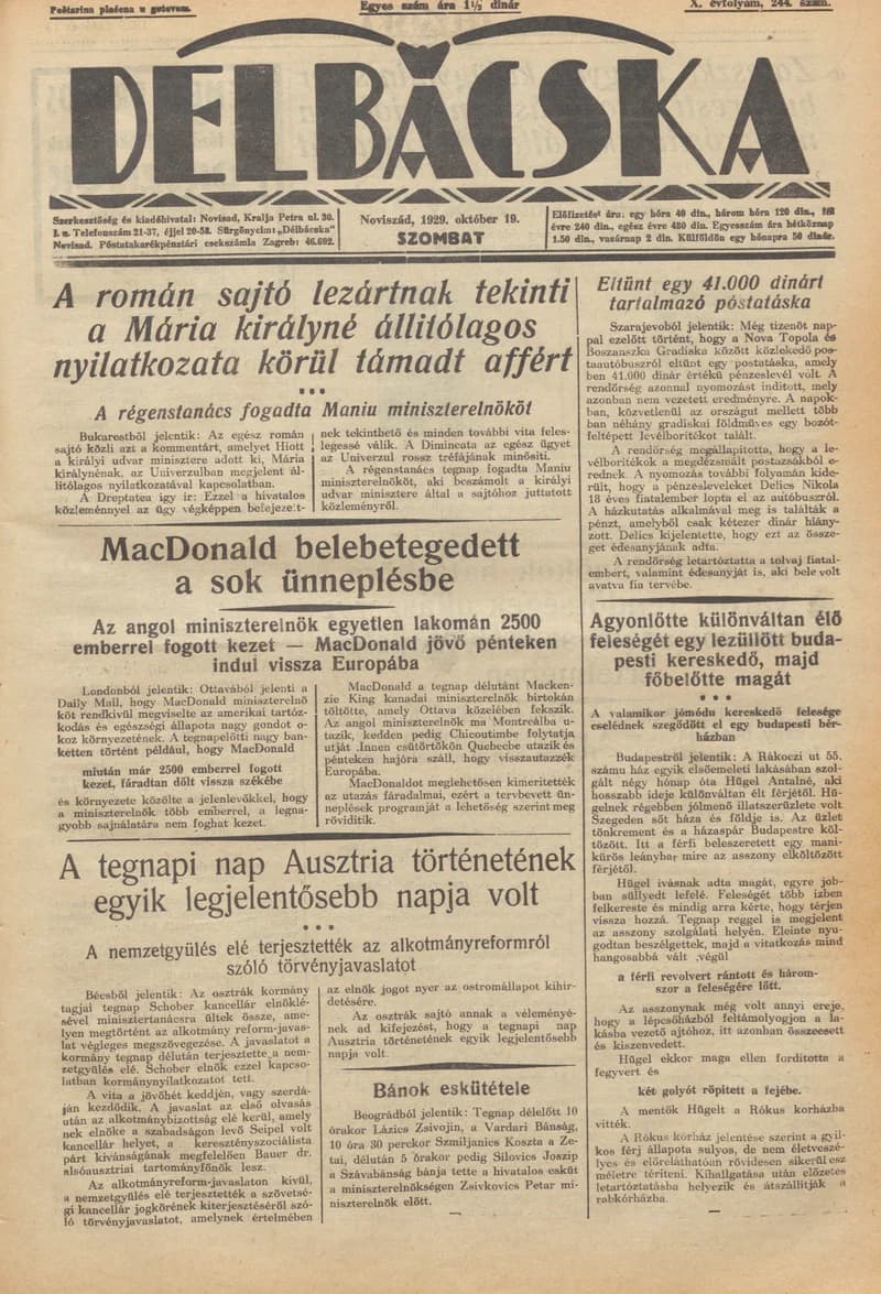 Délbácska, 10. évf. 1929. október 19. 244. sz.