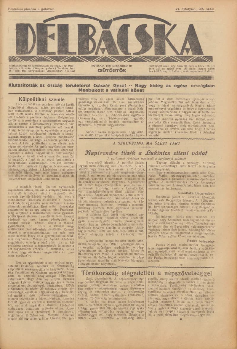 Délbácska, 6. évf. 1925. december 10. 285. sz.