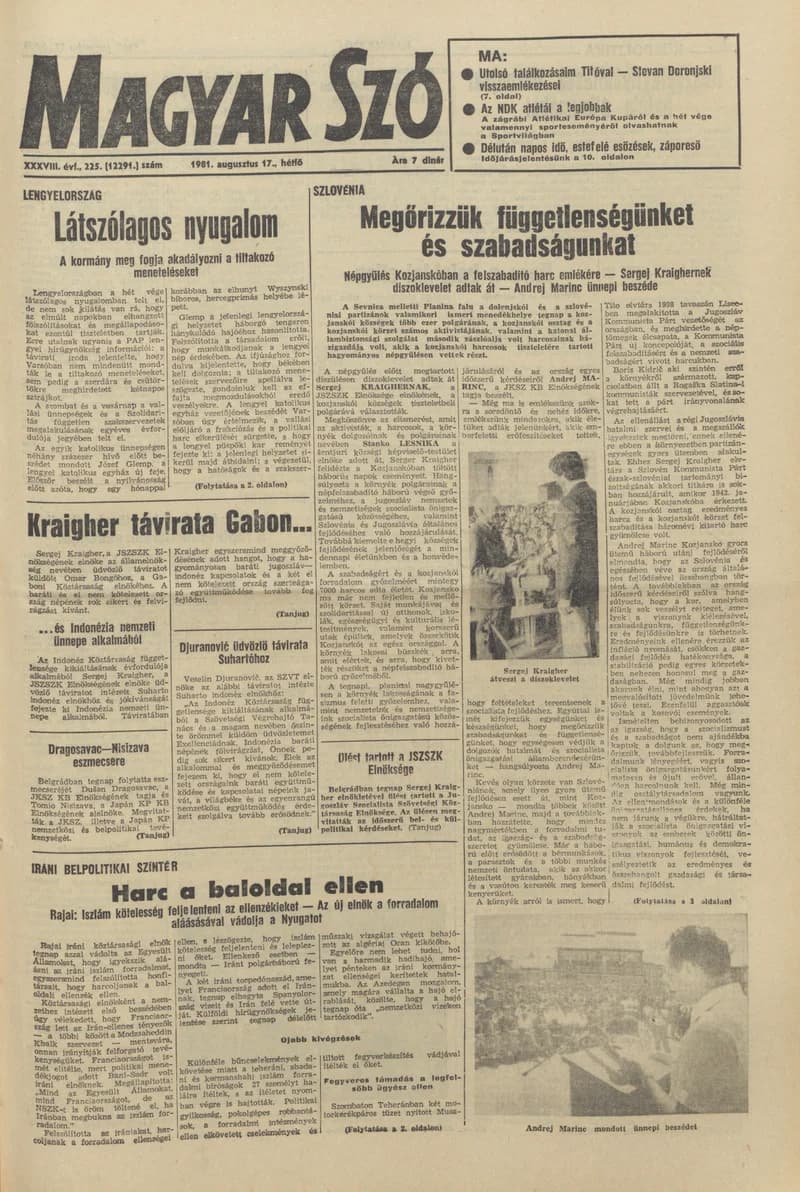 Magyar Szó, 38. évf. 1981. augusztus 17. 225. sz.