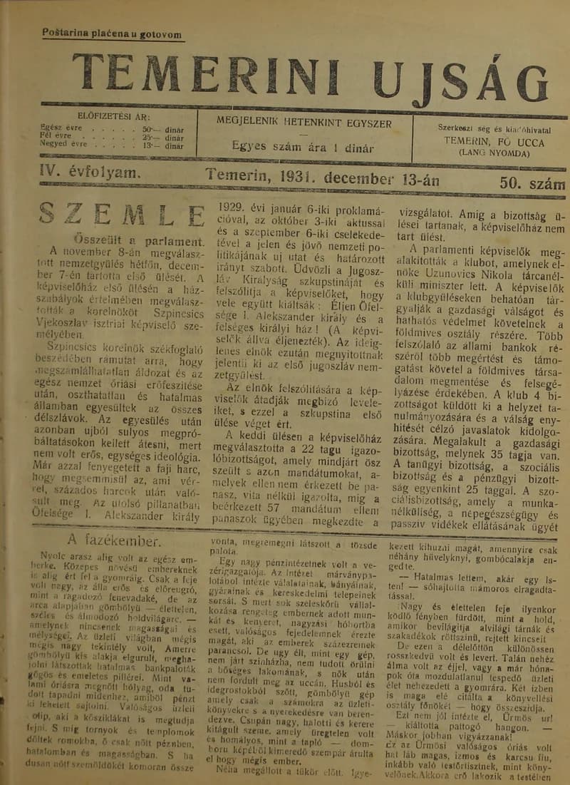 Temerini Újság 1928-1944, 4. évf. 1931. december 13. 50. sz.