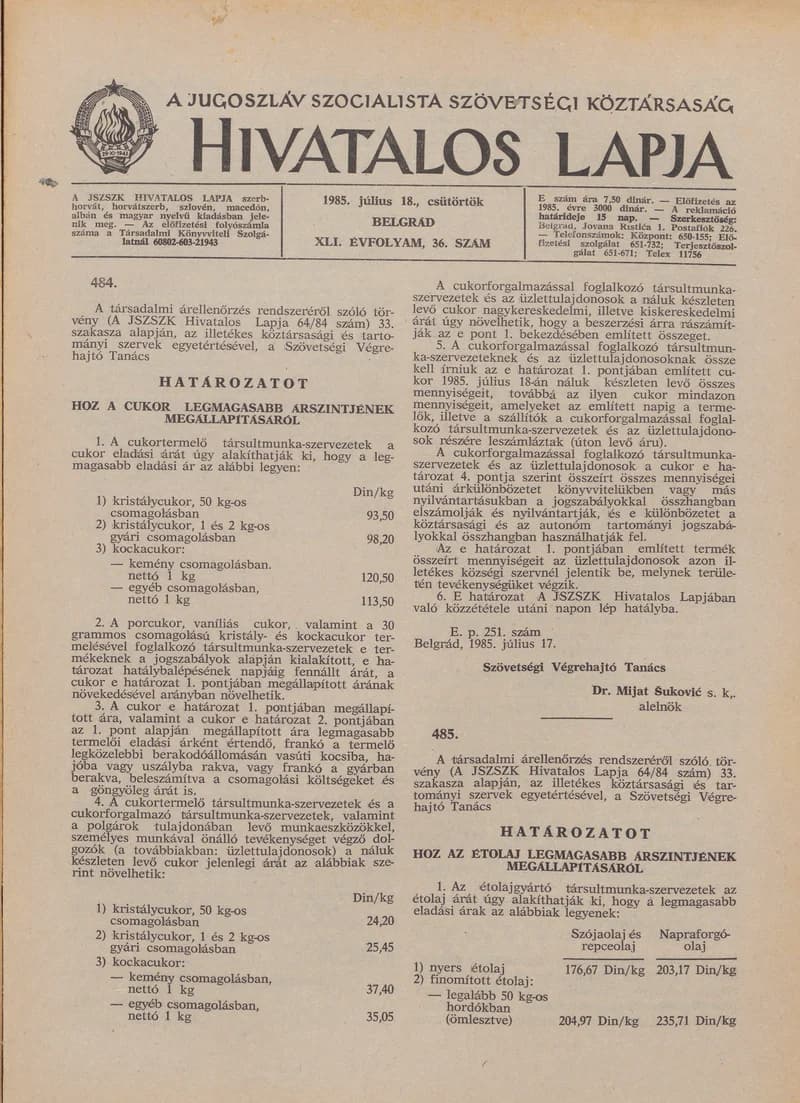 A Jugoszláv Szocialista Szövetségi Köztársaság Hivatalos Lapja, 41. évf. 1985. július 18. 36. sz. 1101–1104. oldal