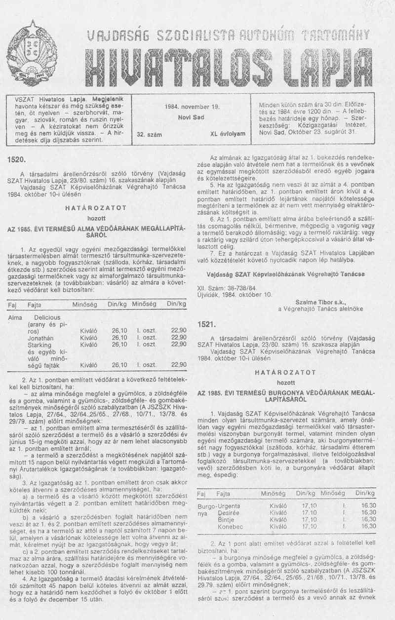 Vajdaság Szocialista Autonóm Tartomány Hivatalos Lapja, 40. évf. 1984. november 19. 32. sz.