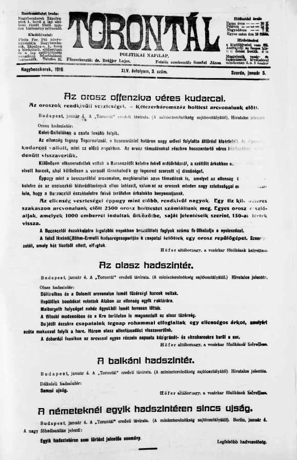 Torontál, 45. évf. 1916. január 5. 3. sz.
