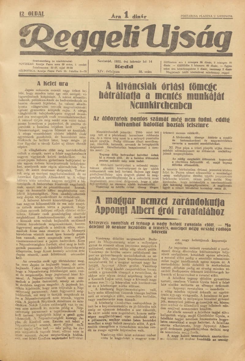Reggeli Újság, 14. évf. 1933. február 14. 38. sz.