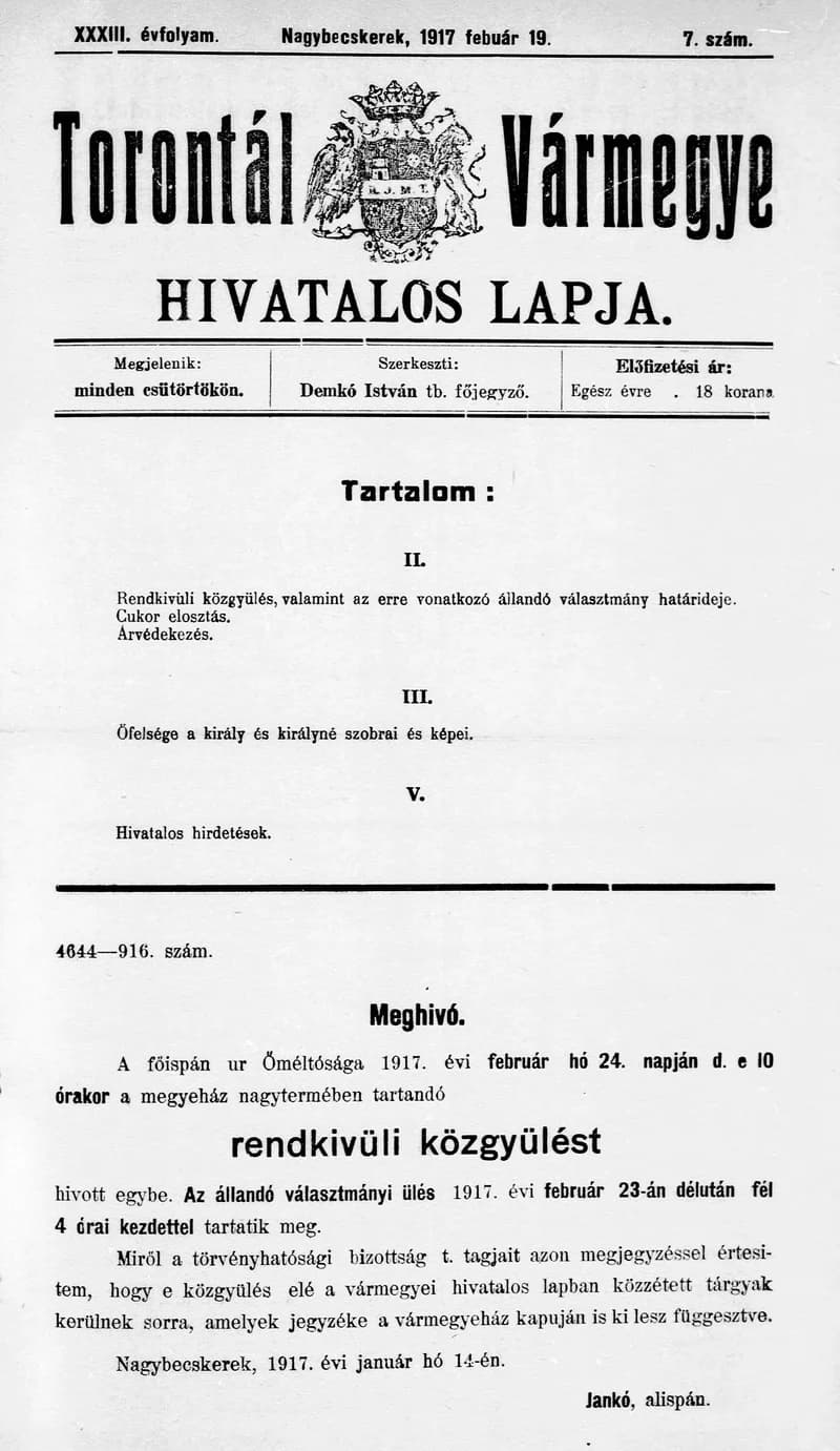 Torontál Vármegye Hivatalos Lapja, 33. évf. 1917. február 19. 7. sz.
