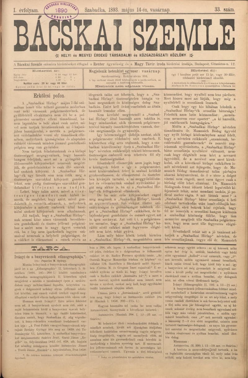 Bácskai Szemle, 1. évf. 1893. május 14. 33. sz.