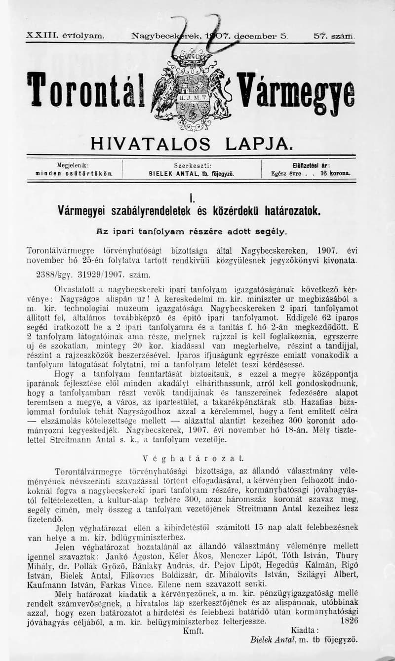 Torontál Vármegye Hivatalos Lapja, 23. évf. 1907. december 5. 57. sz.