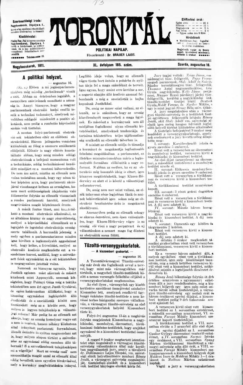 Torontál, 40. évf. 1911. augusztus 16. 185. sz.
