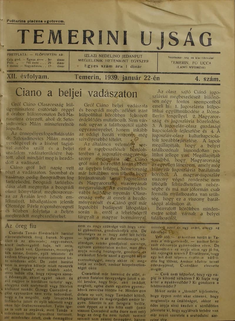 Temerini Újság 1928-1944, 12. évf. 1939. január 22. 4. sz.