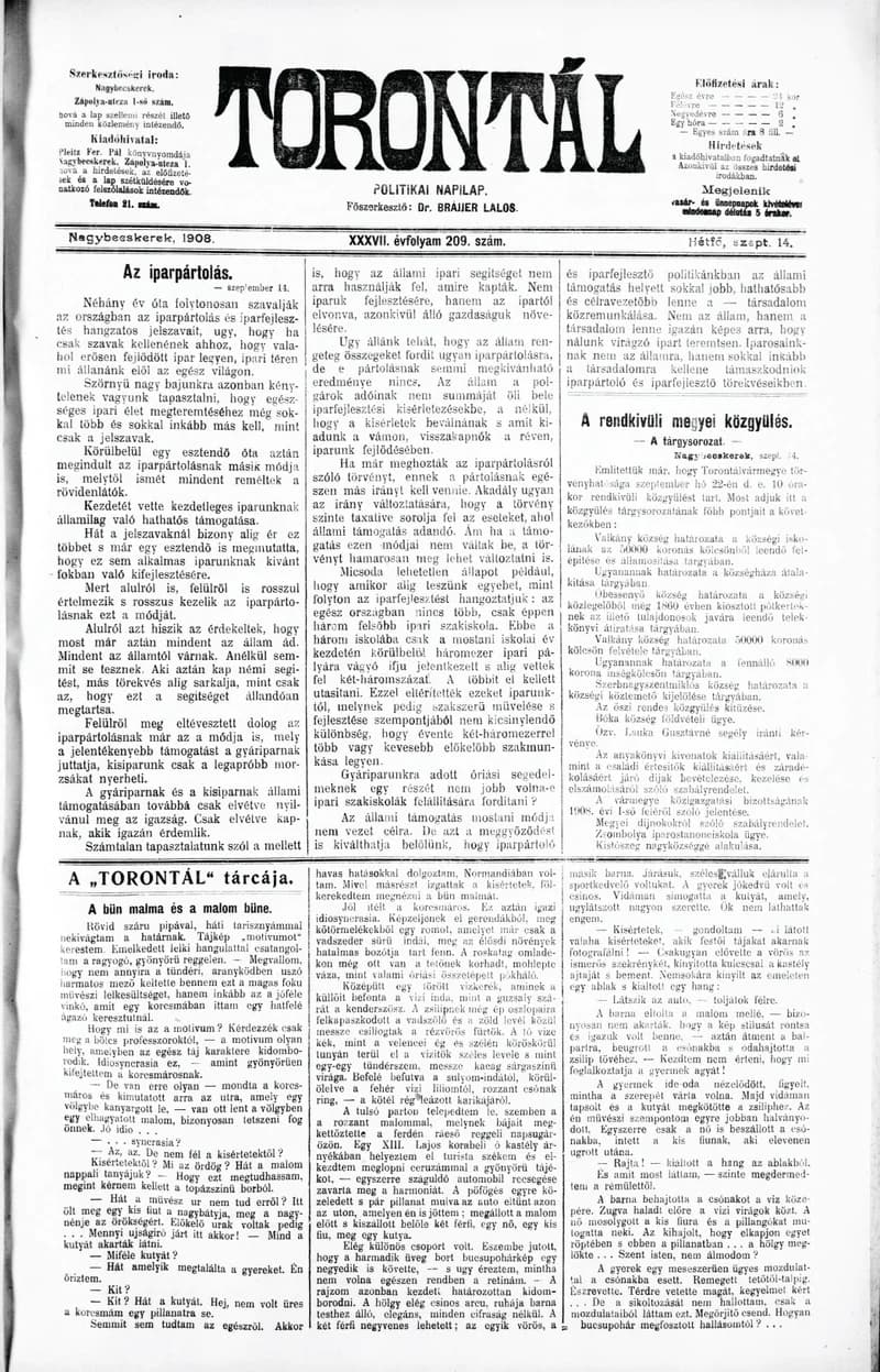 Torontál, 37. évf. 1908. szeptember 14. 209. sz.