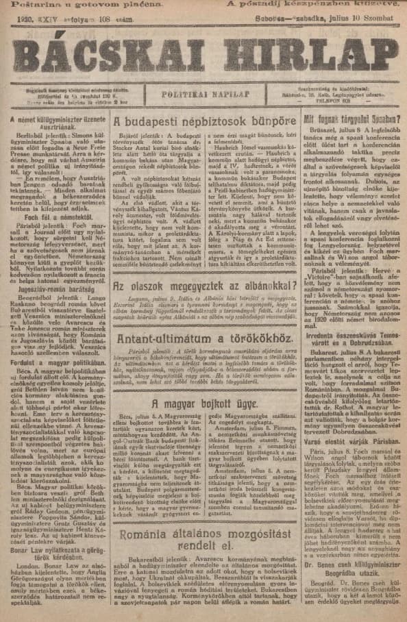 Bácskai Hirlap, 24. évf. 1920. július 10. 108. sz.