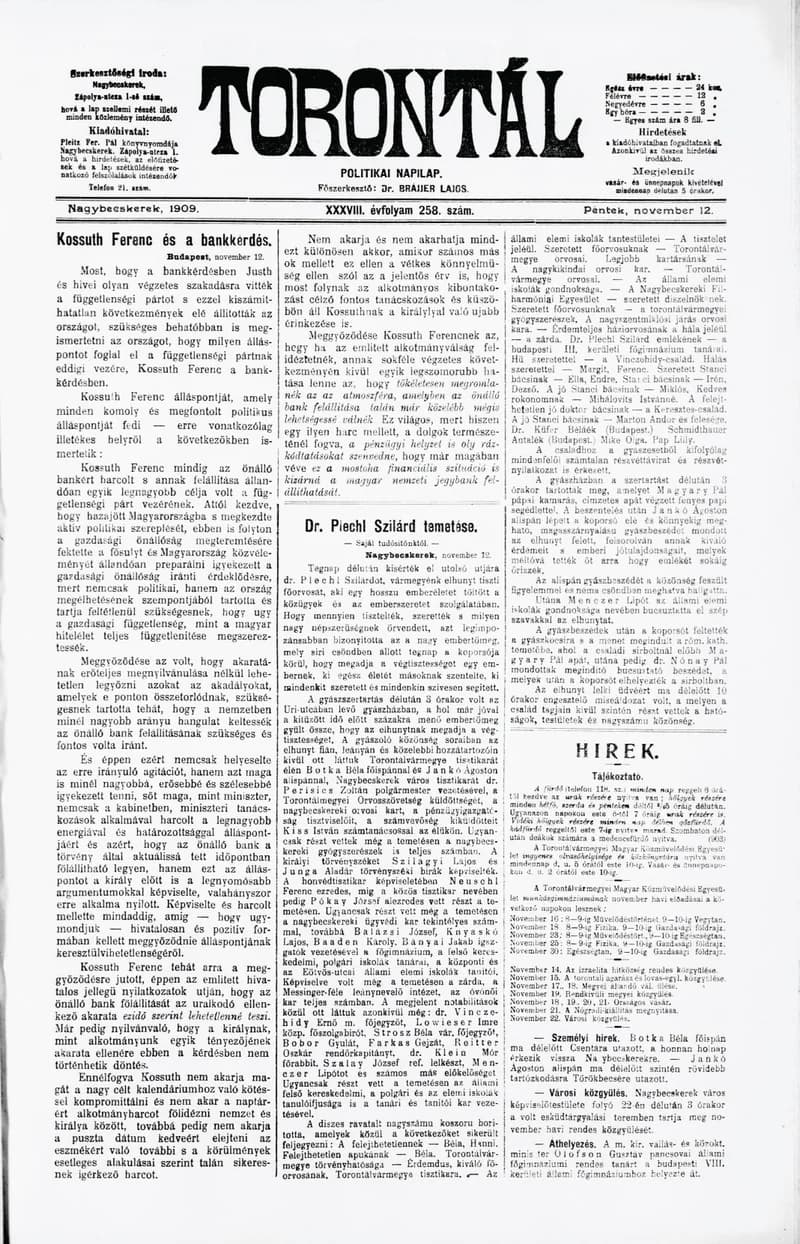 Torontál, 38. évf. 1909. november 12. 258. sz.