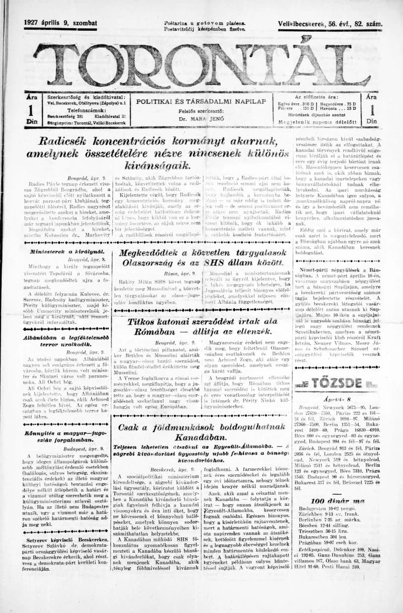 Torontál, 56. évf. 1927. április 9. 82. sz.