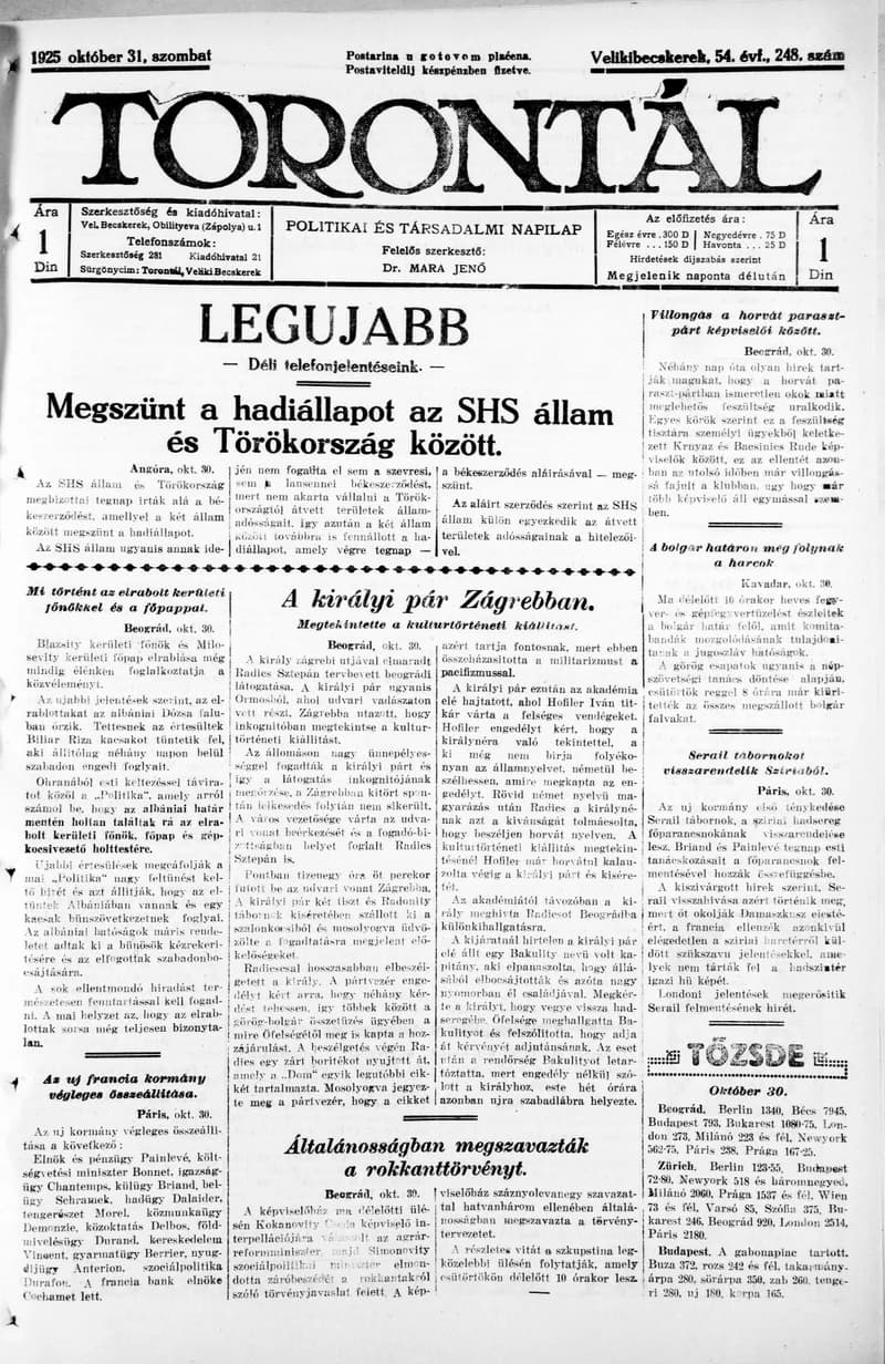 Torontál, 54. évf. 1925. október 31. 248. sz.