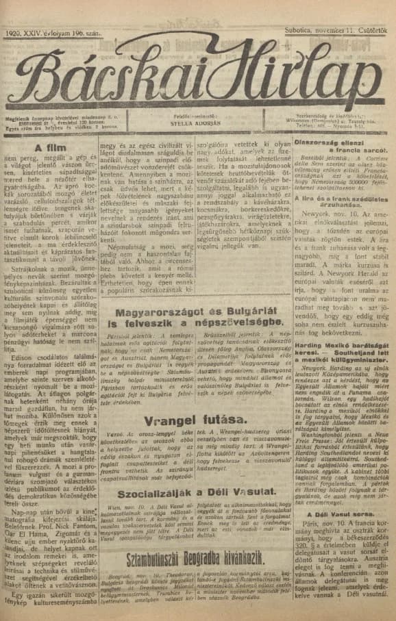 Bácskai Hirlap, 24. évf. 1920. november 11. 196. sz.