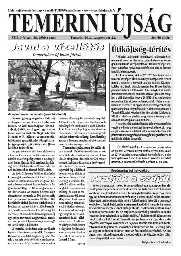 Temerini Újság, 17. évf. 2011. szeptember 22. 38. sz.