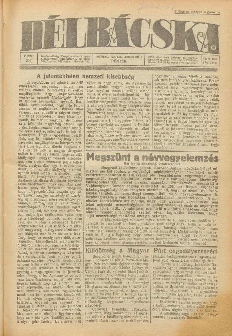 Délbácska, 5. évf. 1924. szeptember 5. 206. sz.
