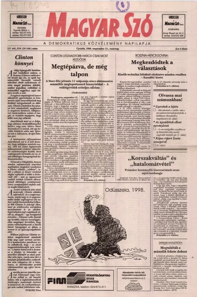 Magyar Szó, 55. évf. 1998. szeptember 13. 219. sz. 1–24. oldal