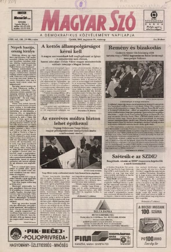 Magyar Szó, 58. évf. 2001. augusztus 19. 188. sz. 1–28. oldal