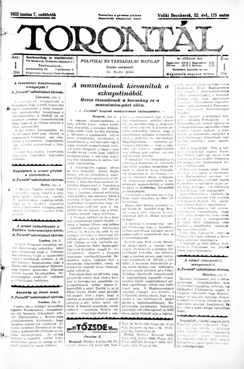 Torontál, 52. évf. 1923. június 7. 125. sz.
