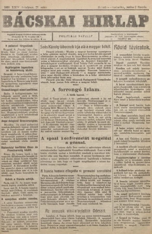 Bácskai Hirlap, 24. évf. 1920. június 2. 77. sz.