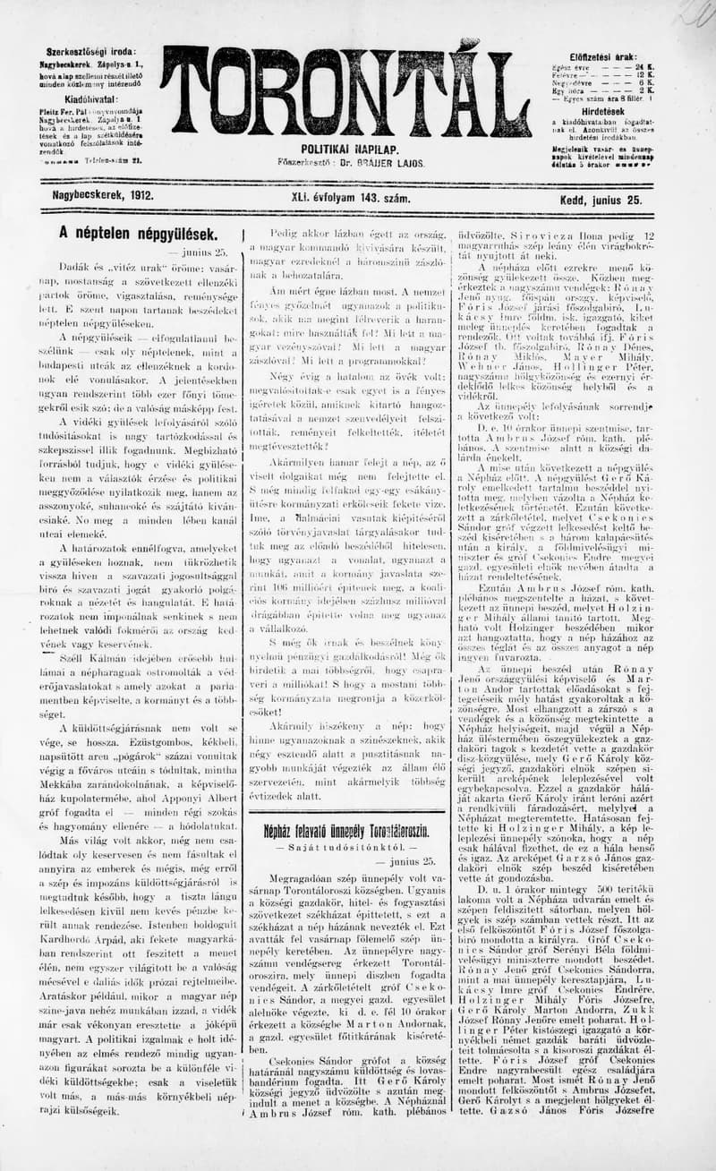 Torontál, 41. évf. 1912. június 25. 143. sz.
