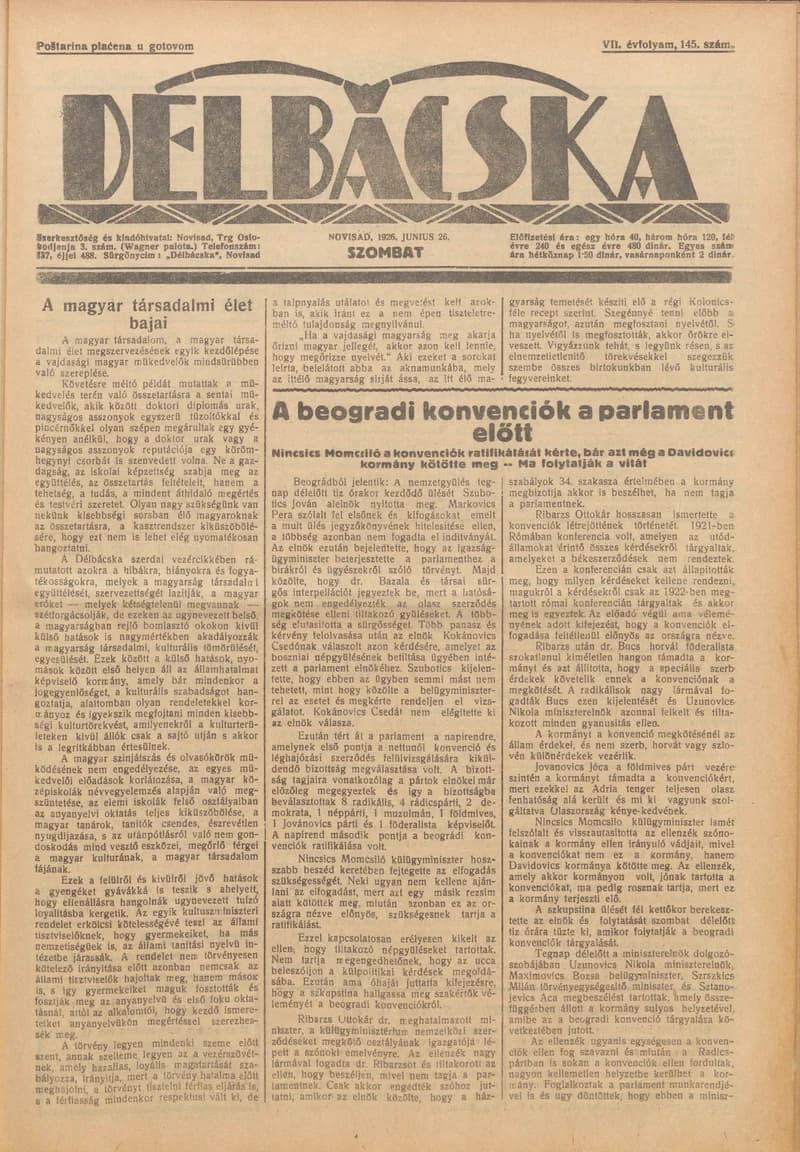 Délbácska, 7. évf. 1926. június 26. 145. sz.