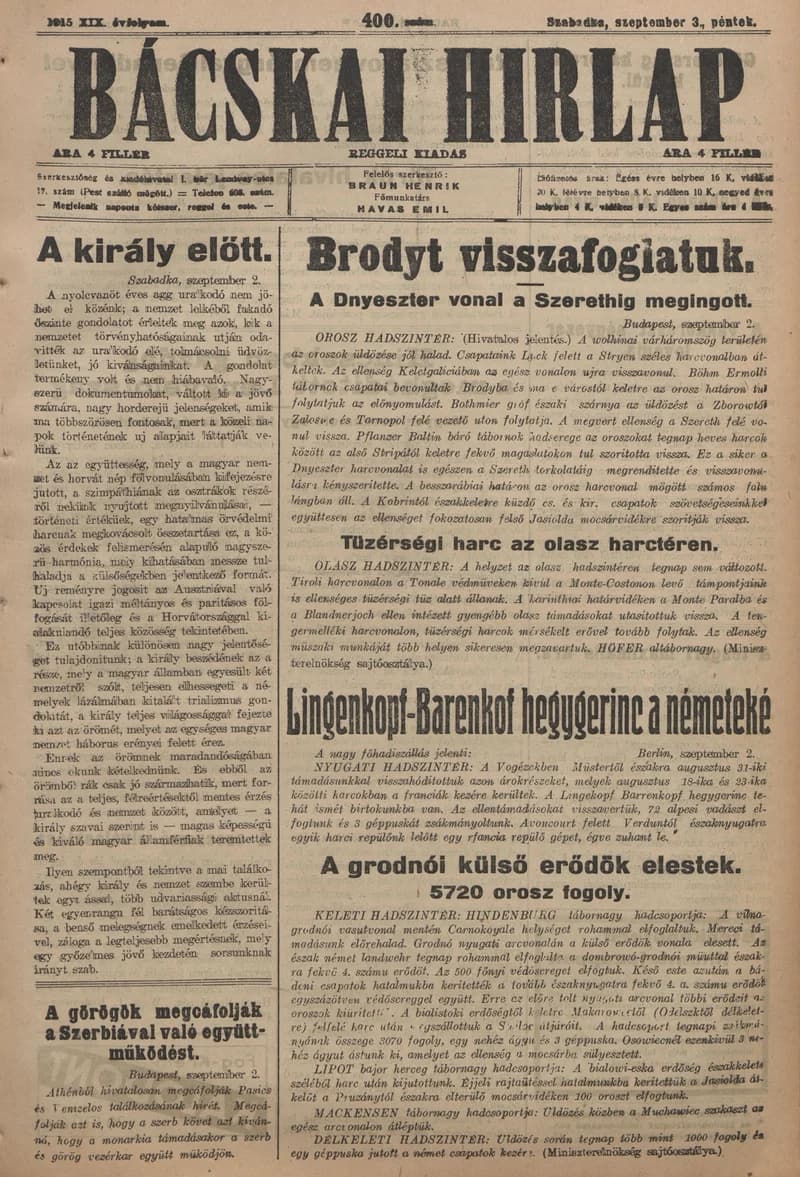 Bácskai Hirlap, 19. évf. 1915. szeptember 3. 400. sz.
