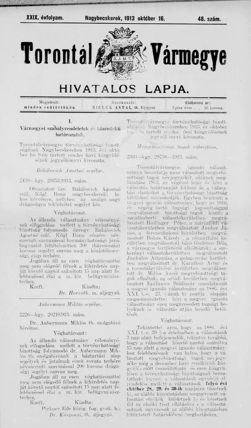 Torontál Vármegye Hivatalos Lapja, 29. évf. 1913. október 16. 48. sz.