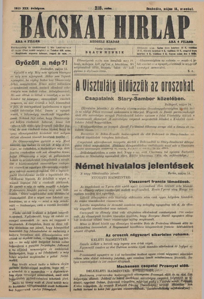Bácskai Hirlap, 19. évf. 1915. május 15. 218. sz.