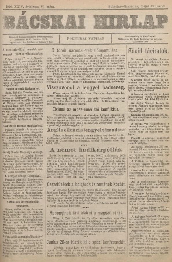 Bácskai Hirlap, 24. évf. 1920. május 19. 66. sz.