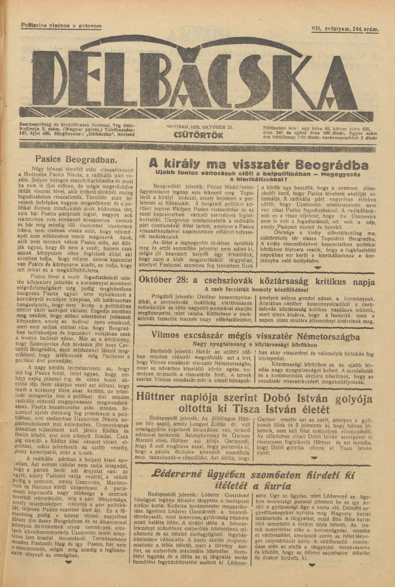 Délbácska, 7. évf. 1926. október 21. 244. sz.