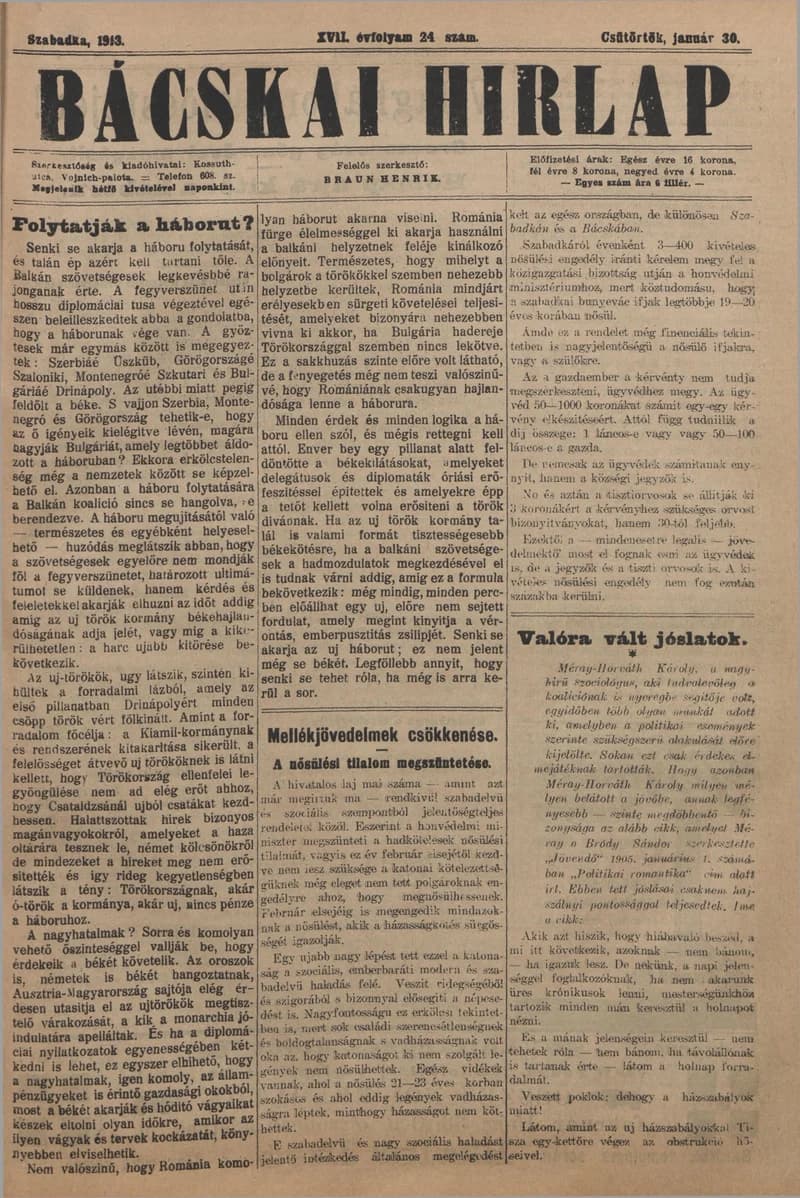 Bácskai Hirlap, 17. évf. 1913. január 30. 24. sz.