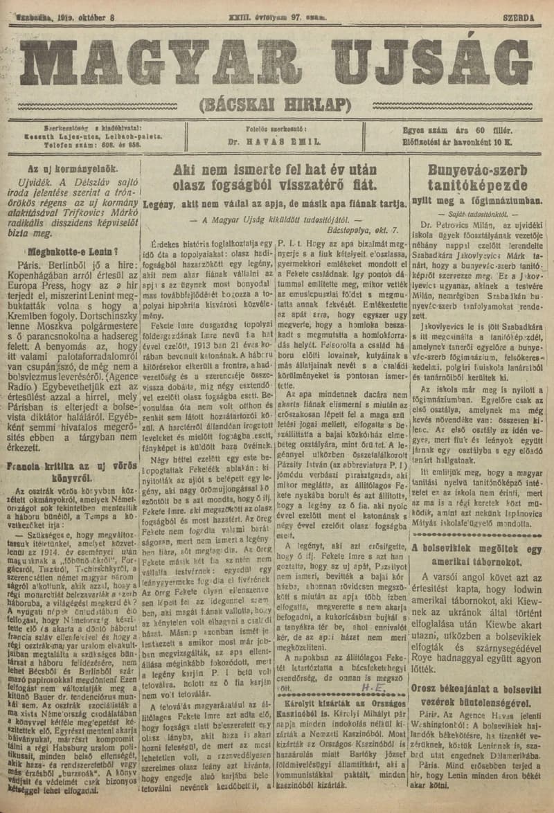 Bácskai Hirlap, 23. évf. 1919. október 8. 97. sz.