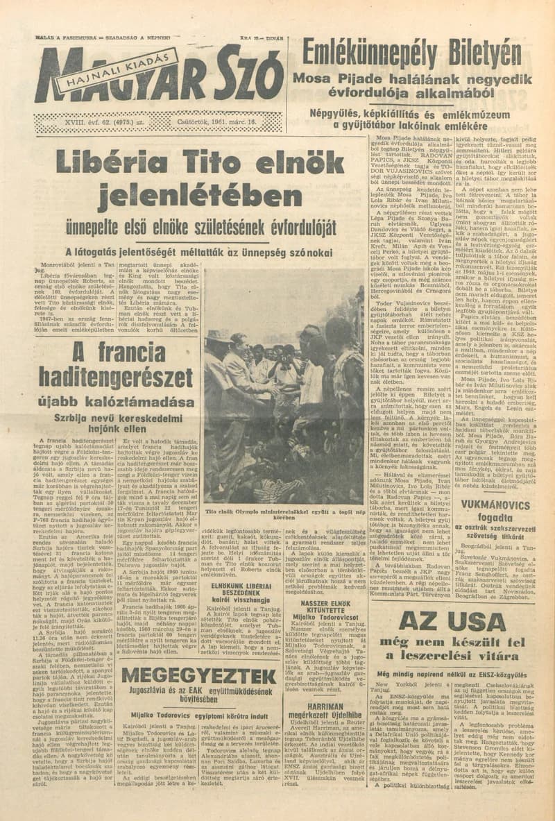 Magyar Szó, 18. évf. 1961. március 16. 62. sz. 1–14. oldal