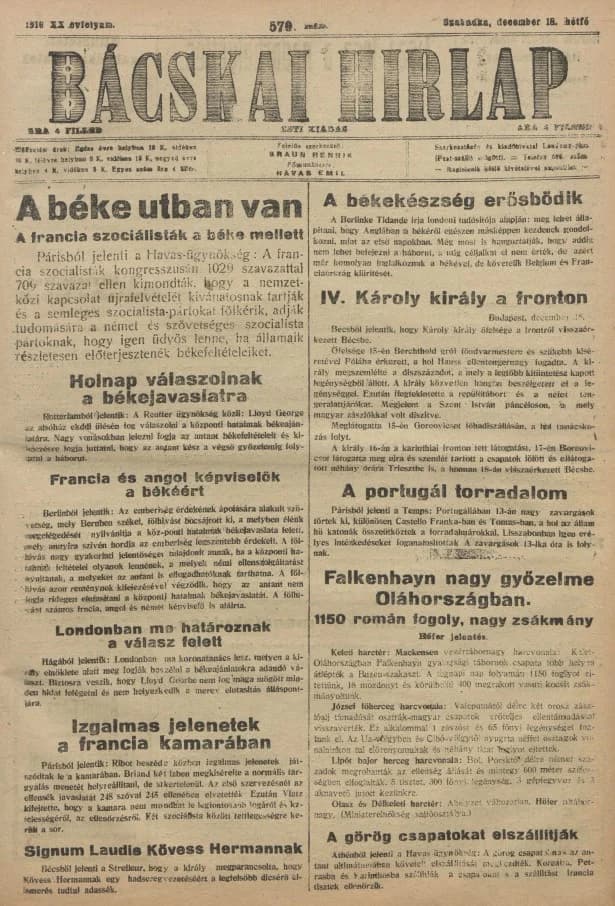 Bácskai Hirlap, 20. évf. 1916. december 18. 579. sz.