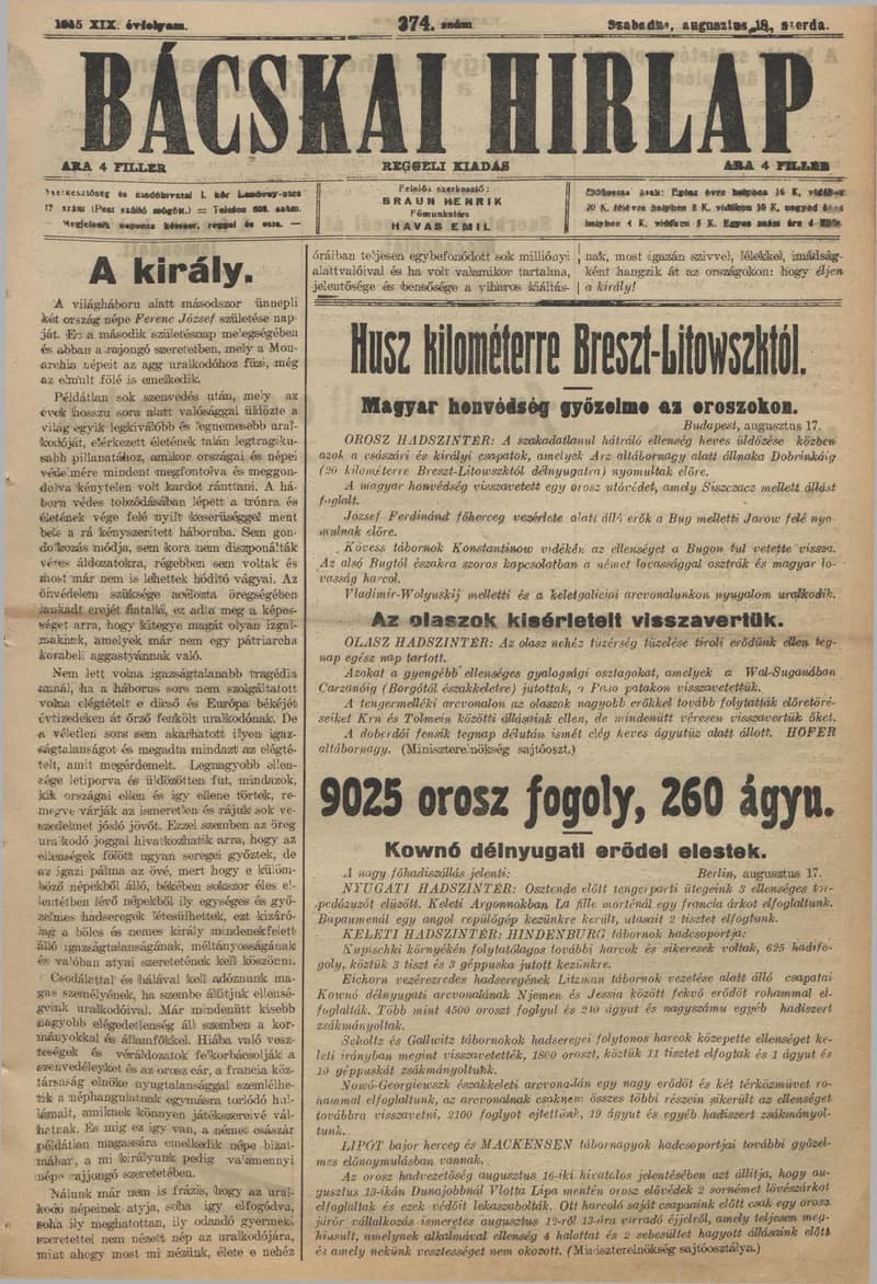 Bácskai Hirlap, 19. évf. 1915. augusztus 18. 374. sz.