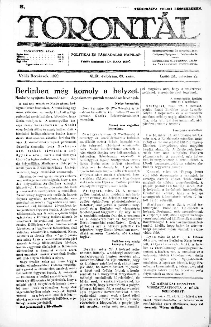 Torontál, 49. évf. 1920. március 25. 68. sz.