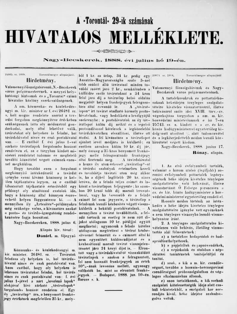 A Totontál  hivatalos melléklete, 1. évf. 1888. július 19. 29. sz.