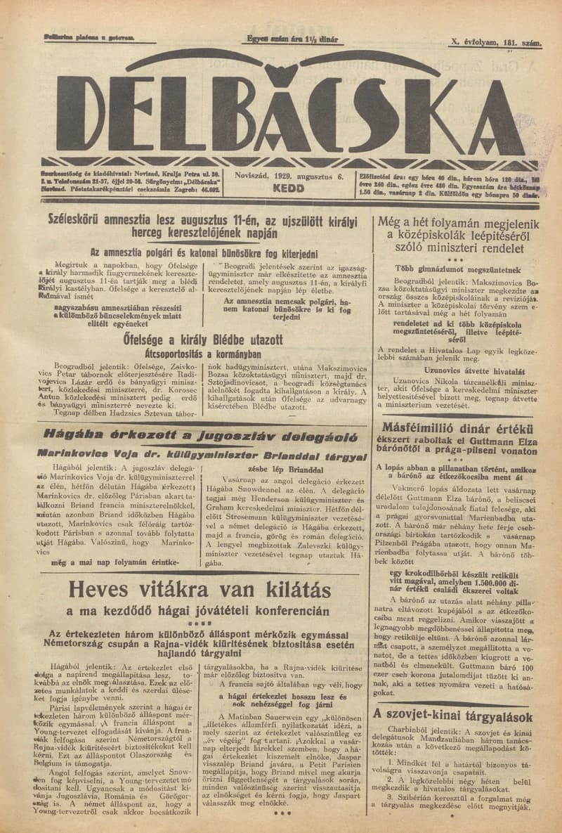Délbácska, 10. évf. 1929. augusztus 6. 181. sz.