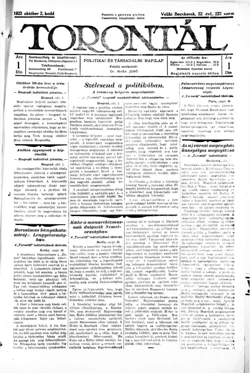 Torontál, 52. évf. 1923. október 2. 222. sz.