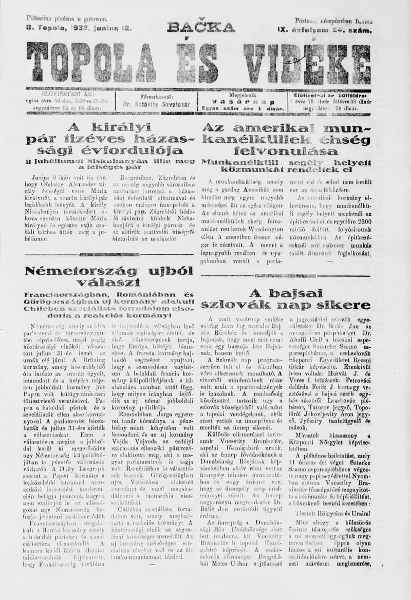 Bačka Topola és Vidéke, 9. évf. 1932. június 12. 24. sz.