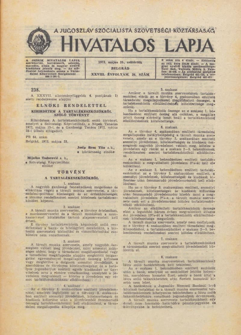 A Jugoszláv Szocialista Szövetségi Köztársaság Hivatalos Lapja, 28. évf. 1972. május 25. 26. sz. 493–540. oldal